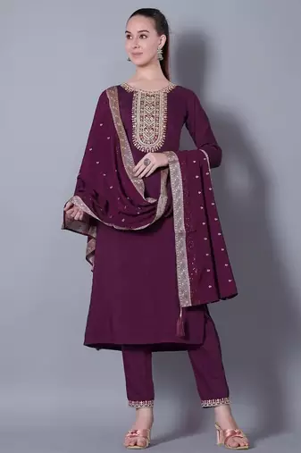WINE EMBROIDERY ZARI WORK FABRIC SILK BLEND WOMENS ETHNIC WEAR KURTI PANT DUPATTA 