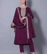 WINE EMBROIDERY ZARI WORK FABRIC SILK BLEND WOMENS ETHNIC WEAR KURTI PANT DUPATTA 