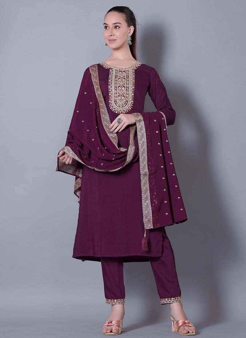 WINE EMBROIDERY ZARI WORK FABRIC SILK BLEND WOMENS ETHNIC WEAR KURTI PANT DUPATTA 