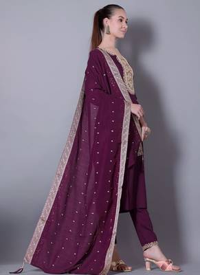 WINE EMBROIDERY ZARI WORK FABRIC SILK BLEND WOMENS ETHNIC WEAR KURTI PANT DUPATTA  2