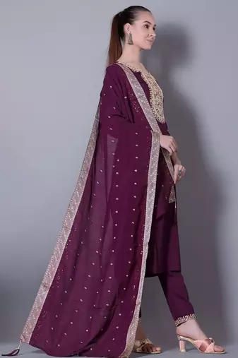 WINE EMBROIDERY ZARI WORK FABRIC SILK BLEND WOMENS ETHNIC WEAR KURTI PANT DUPATTA 