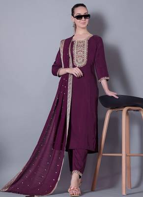 WINE EMBROIDERY ZARI WORK FABRIC SILK BLEND WOMENS ETHNIC WEAR KURTI PANT DUPATTA  4