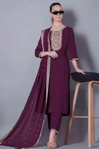 WINE EMBROIDERY ZARI WORK FABRIC SILK BLEND WOMENS ETHNIC WEAR KURTI PANT DUPATTA 