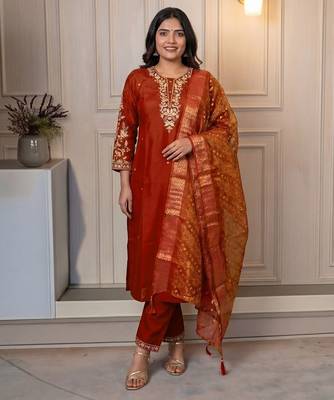 ORANGE MULIT THRADE EMBRODEIRY WORK FABRIC COTTON BLEND WOMEN KURTI 3PCS SET 1