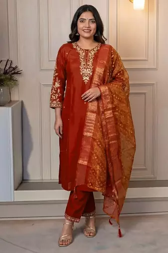ORANGE MULIT THRADE EMBRODEIRY WORK FABRIC COTTON BLEND WOMEN KURTI 3PCS SET