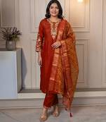 ORANGE MULIT THRADE EMBRODEIRY WORK FABRIC COTTON BLEND WOMEN KURTI 3PCS SET