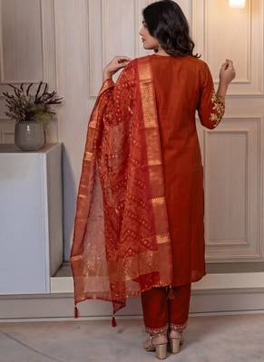 ORANGE MULIT THRADE EMBRODEIRY WORK FABRIC COTTON BLEND WOMEN KURTI 3PCS SET 3