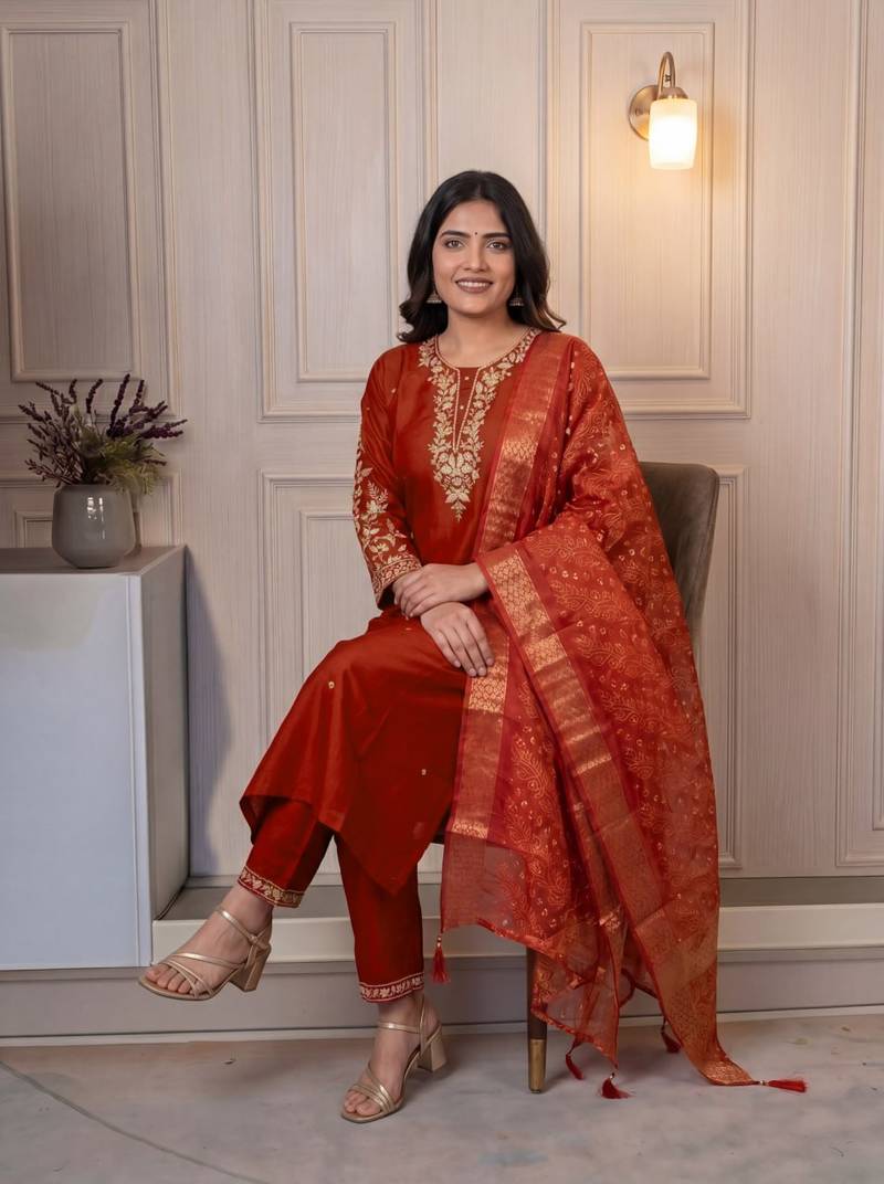 ORANGE MULIT THRADE EMBRODEIRY WORK FABRIC COTTON BLEND WOMEN KURTI 3PCS SET