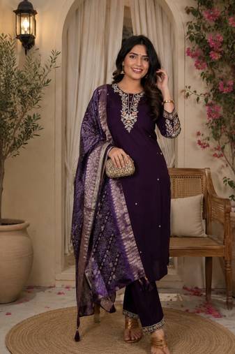 PURPLE MULIT THRADE EMBRODEIRY WORK FABRIC COTTON BLEND WOMEN KURTI 3PCS SET
