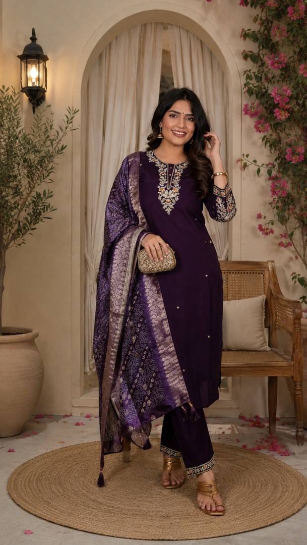 PURPLE MULIT THRADE EMBRODEIRY WORK FABRIC COTTON BLEND WOMEN KURTI 3PCS SET