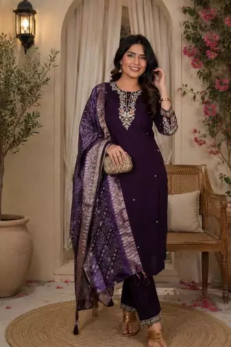 PURPLE MULIT THRADE EMBRODEIRY WORK FABRIC COTTON BLEND WOMEN KURTI 3PCS SET