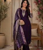 PURPLE MULIT THRADE EMBRODEIRY WORK FABRIC COTTON BLEND WOMEN KURTI 3PCS SET