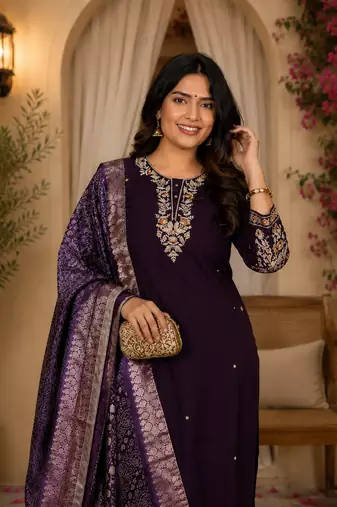PURPLE MULIT THRADE EMBRODEIRY WORK FABRIC COTTON BLEND WOMEN KURTI 3PCS SET