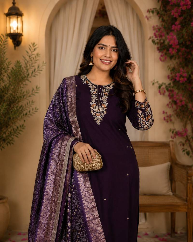 PURPLE MULIT THRADE EMBRODEIRY WORK FABRIC COTTON BLEND WOMEN KURTI 3PCS SET