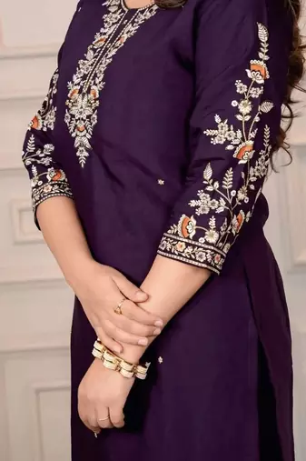 PURPLE MULIT THRADE EMBRODEIRY WORK FABRIC COTTON BLEND WOMEN KURTI 3PCS SET