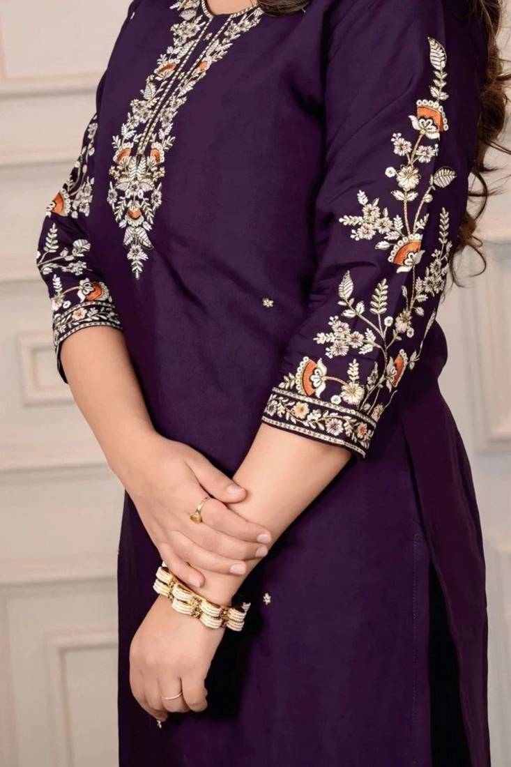 PURPLE MULIT THRADE EMBRODEIRY WORK FABRIC COTTON BLEND WOMEN KURTI 3PCS SET