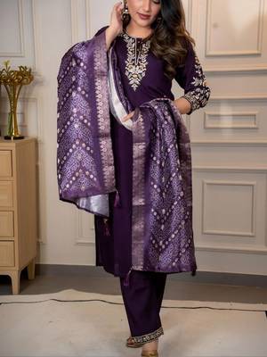 PURPLE MULIT THRADE EMBRODEIRY WORK FABRIC COTTON BLEND WOMEN KURTI 3PCS SET 4