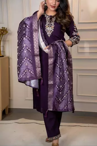 PURPLE MULIT THRADE EMBRODEIRY WORK FABRIC COTTON BLEND WOMEN KURTI 3PCS SET