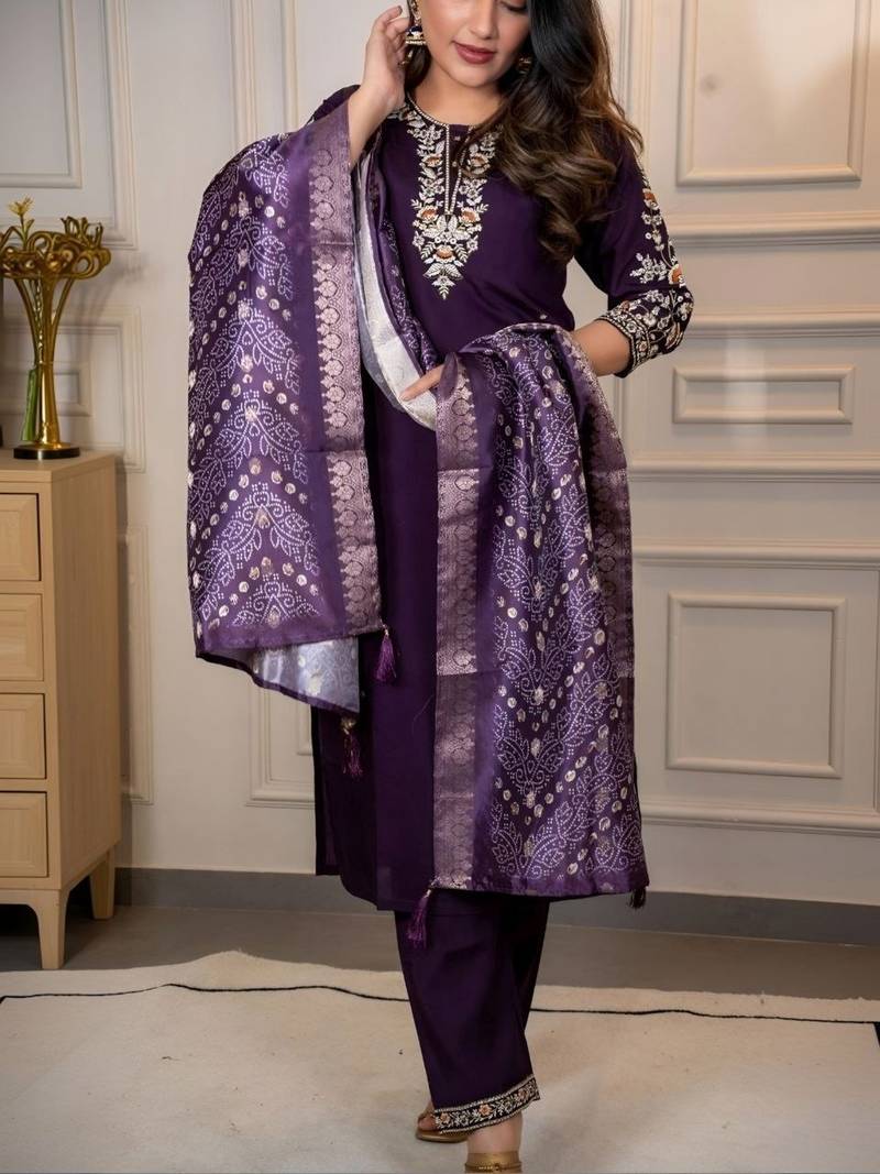 PURPLE MULIT THRADE EMBRODEIRY WORK FABRIC COTTON BLEND WOMEN KURTI 3PCS SET