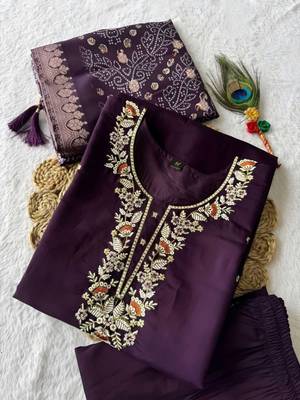PURPLE MULIT THRADE EMBRODEIRY WORK FABRIC COTTON BLEND WOMEN KURTI 3PCS SET 5