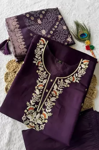 PURPLE MULIT THRADE EMBRODEIRY WORK FABRIC COTTON BLEND WOMEN KURTI 3PCS SET