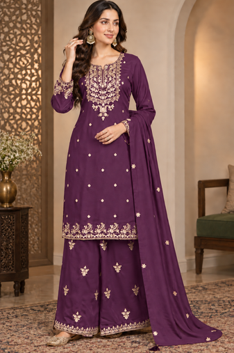 Royal Plum Embroidered Sharara Suit Set with Dupatta