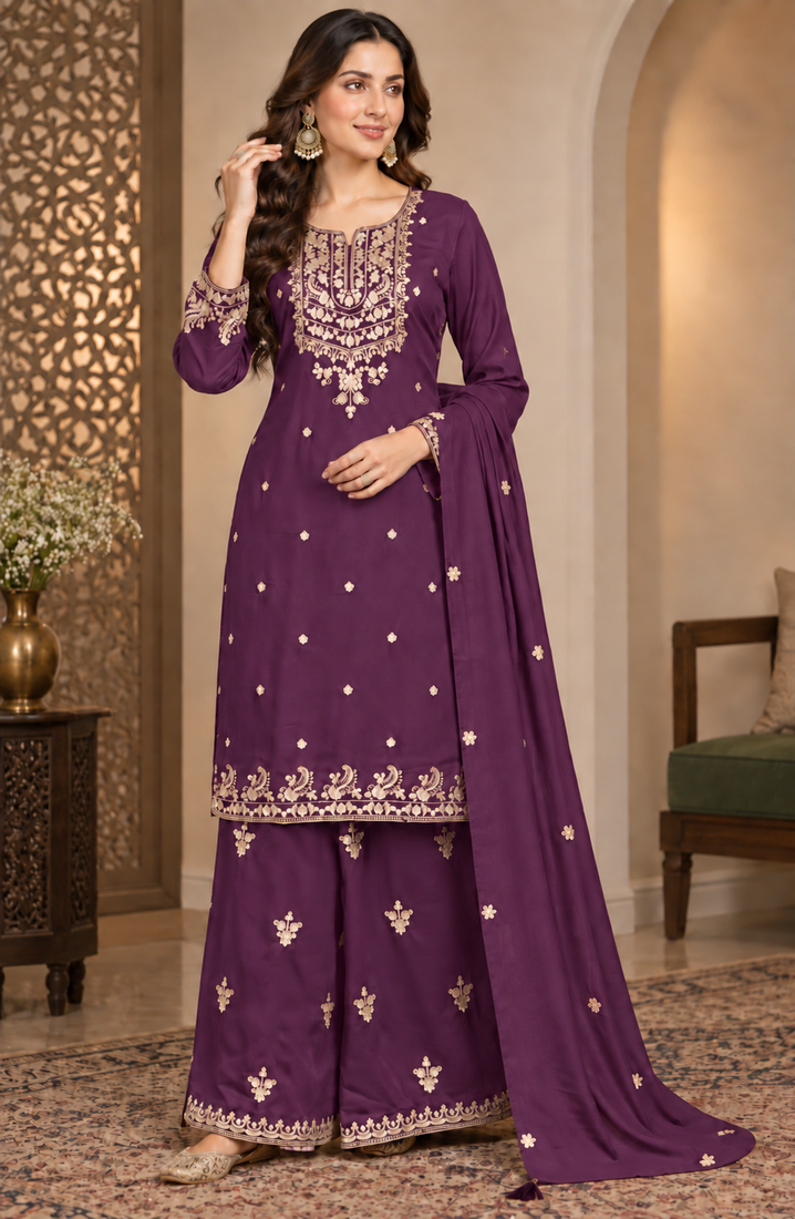 Royal Plum Embroidered Sharara Suit Set with Dupatta