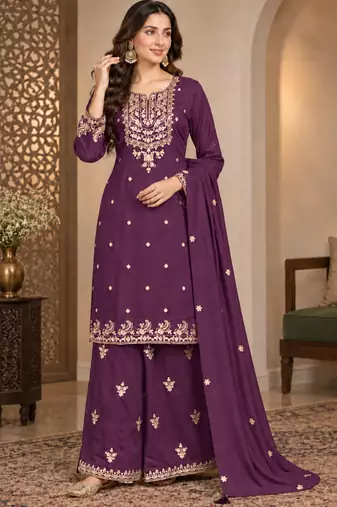 Royal Plum Embroidered Sharara Suit Set with Dupatta