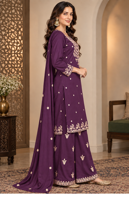 Royal Plum Embroidered Sharara Suit Set with Dupatta 2