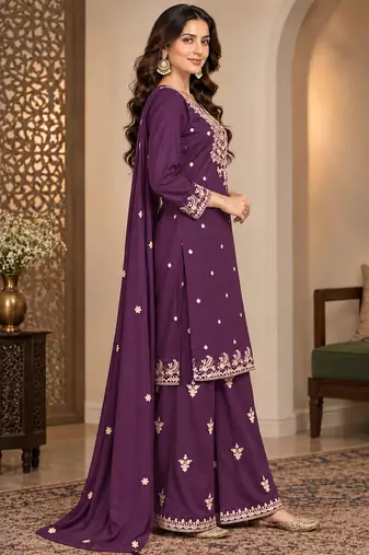 Royal Plum Embroidered Sharara Suit Set with Dupatta