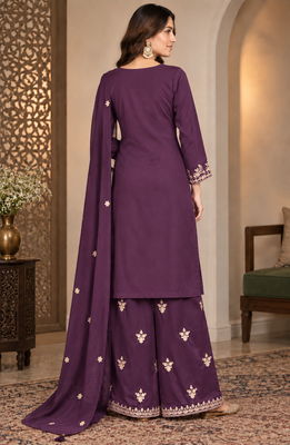 Royal Plum Embroidered Sharara Suit Set with Dupatta 3