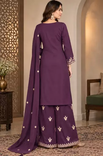 Royal Plum Embroidered Sharara Suit Set with Dupatta