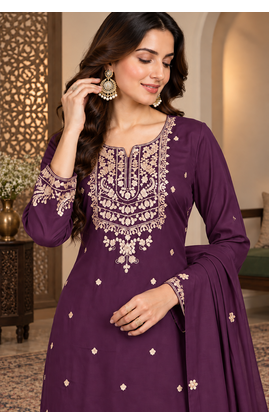 Royal Plum Embroidered Sharara Suit Set with Dupatta 4