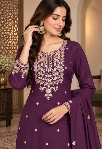 Royal Plum Embroidered Sharara Suit Set with Dupatta