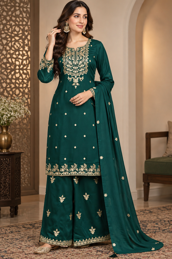 Elegant Emerald Green Embroidered Sharara Suit Set with Dupatta