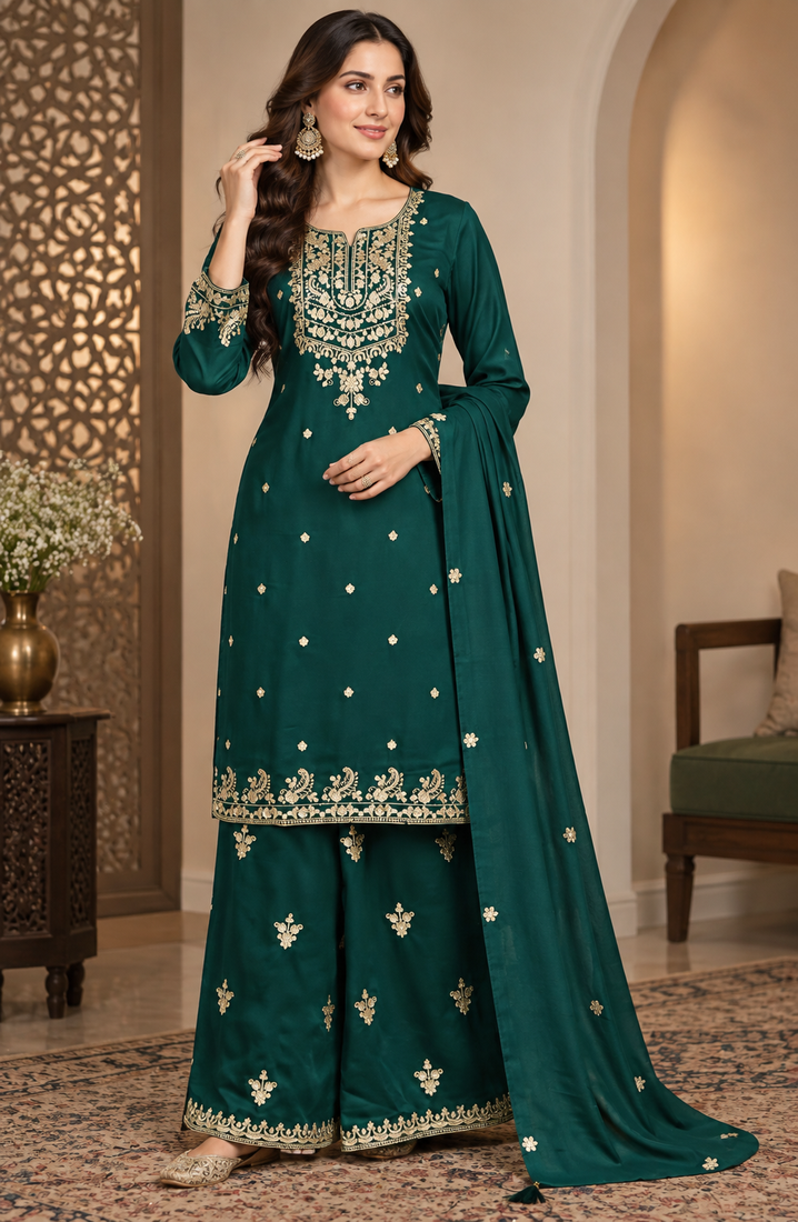 Elegant Emerald Green Embroidered Sharara Suit Set with Dupatta