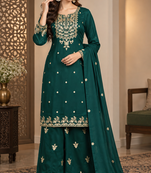 Elegant Emerald Green Embroidered Sharara Suit Set with Dupatta