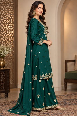 Elegant Emerald Green Embroidered Sharara Suit Set with Dupatta 2