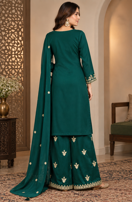 Elegant Emerald Green Embroidered Sharara Suit Set with Dupatta 3