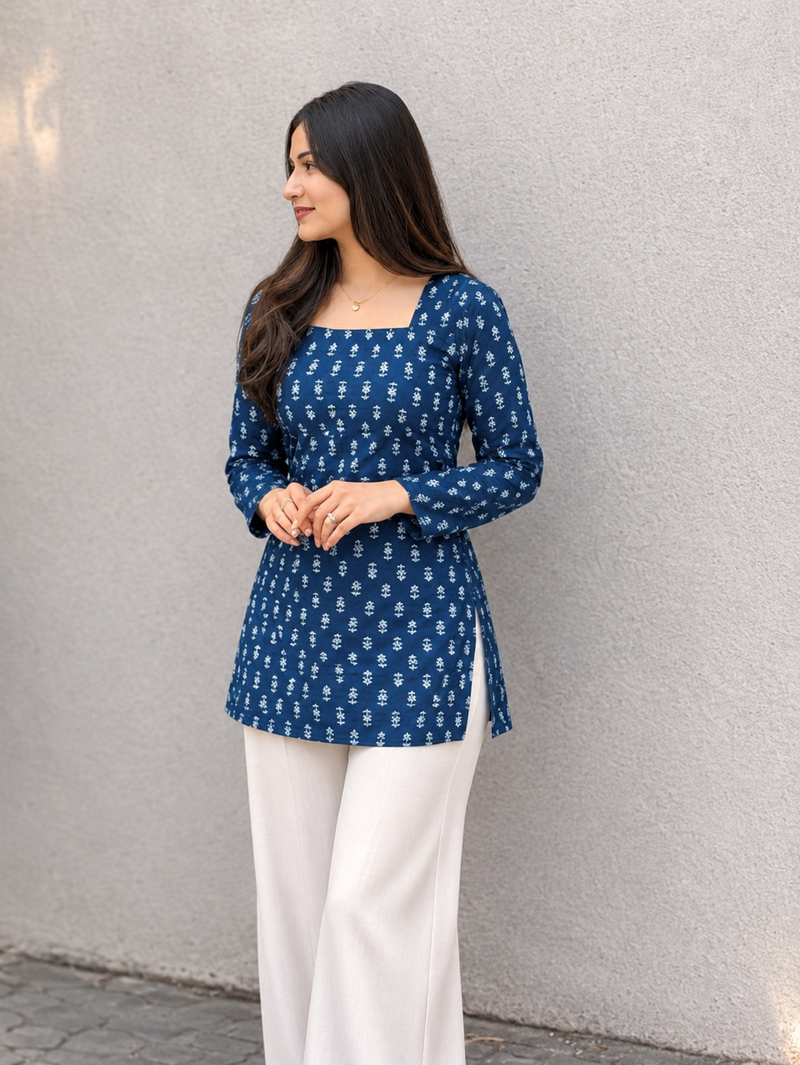 Women's Rayon Ajrakh Printed Jaipuri  Short Blue Kurti