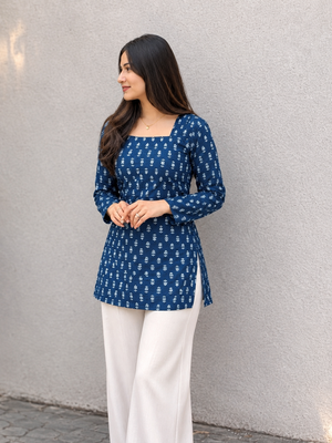 Women's Rayon Ajrakh Printed Jaipuri  Short Blue Kurti 1