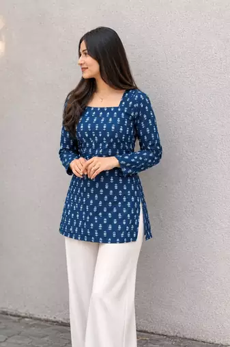 Women's Rayon Ajrakh Printed Jaipuri  Short Blue Kurti