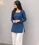 Women's Rayon Ajrakh Printed Jaipuri  Short Blue Kurti