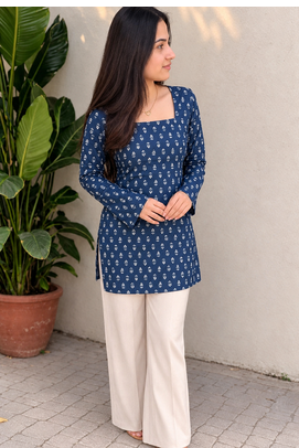 Women's Rayon Ajrakh Printed Jaipuri  Short Blue Kurti 2