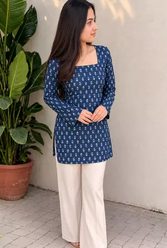 Women's Rayon Ajrakh Printed Jaipuri  Short Blue Kurti