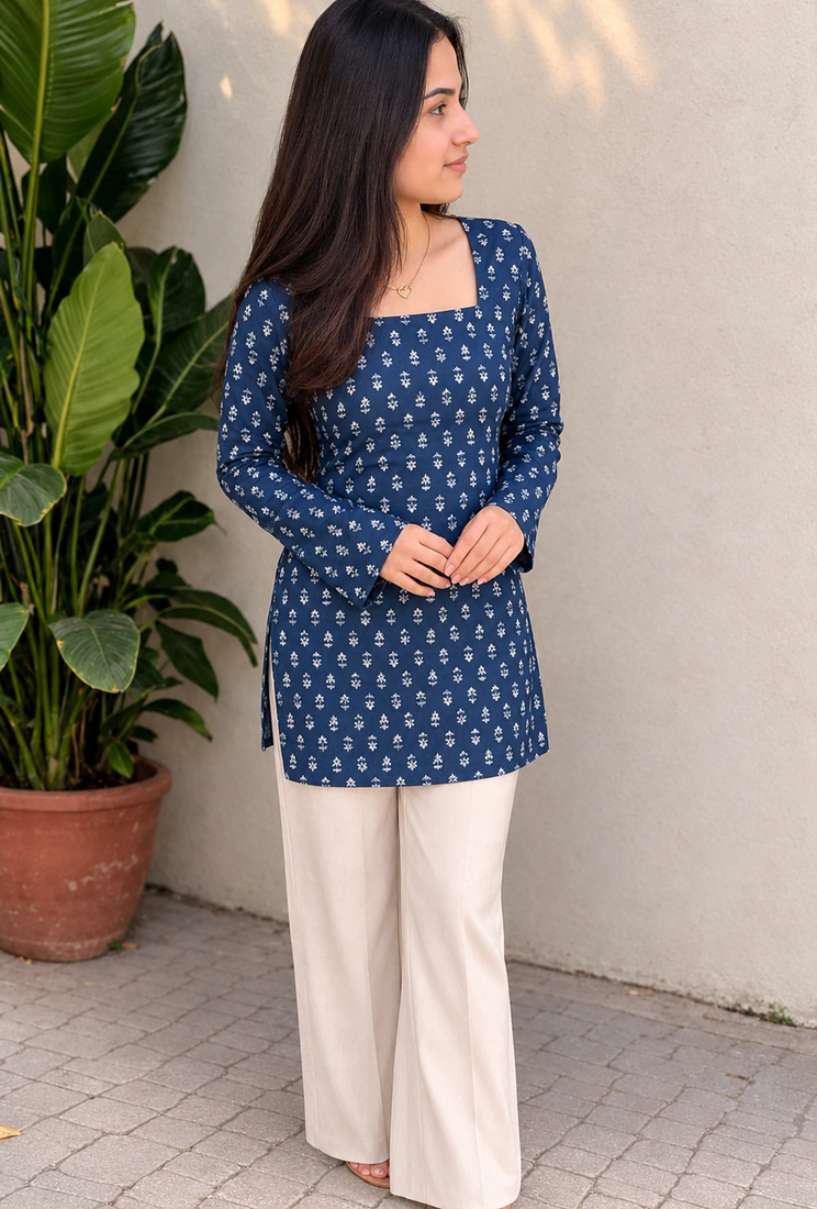 Women's Rayon Ajrakh Printed Jaipuri  Short Blue Kurti