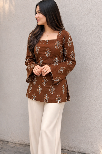 Women's Rayon Ajrakh Printed Jaipuri  Short Brown Kurti
