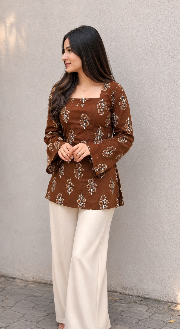 Women's Rayon Ajrakh Printed Jaipuri  Short Brown Kurti