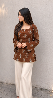 Women's Rayon Ajrakh Printed Jaipuri  Short Brown Kurti 1
