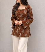 Women's Rayon Ajrakh Printed Jaipuri  Short Brown Kurti